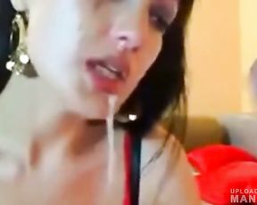 Crazy brunette deepthroating & screwing her ass with a big dildo