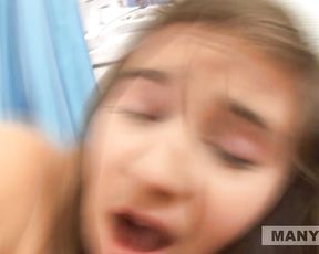 Pigtailed student moans loudly while her teen vagina is being drilled